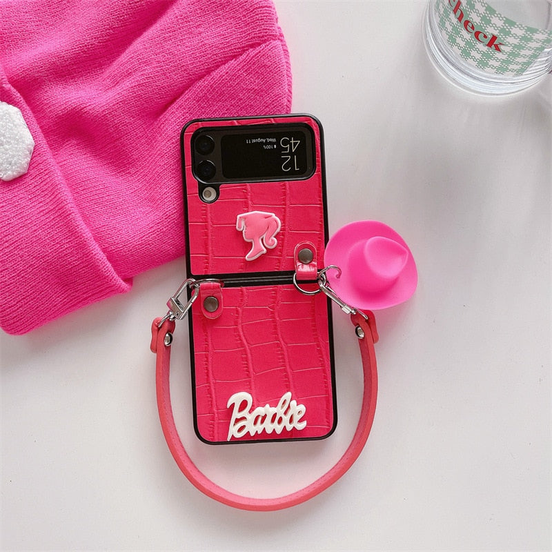 Barbie Suitable for Samsunggalaxy Z Flip34 Folding Screen Shell Fashion Women Smartphone Accessory Leather Case Keychain Gifts