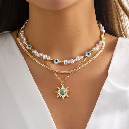 YUZZ Blue Turkish Evil Eyes Exquisite Sun Flower Pendant Necklace 2022 Summer Multilevel Female Boho Vintage Jewelry Party Gift