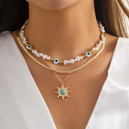 YUZZ Blue Turkish Evil Eyes Exquisite Sun Flower Pendant Necklace 2022 Summer Multilevel Female Boho Vintage Jewelry Party Gift - Charlie Dolly