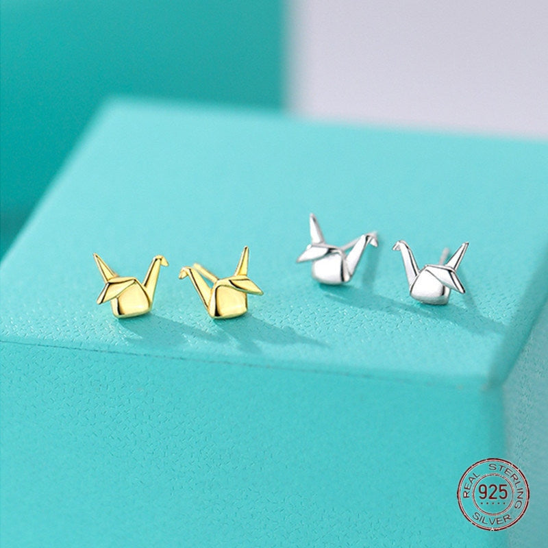 925 Sterling Silver Paper Crane Stud Earrings for Women Cute Mini Piercing Earring Romantic 14k Gold Jewelry Gift - Charlie Dolly