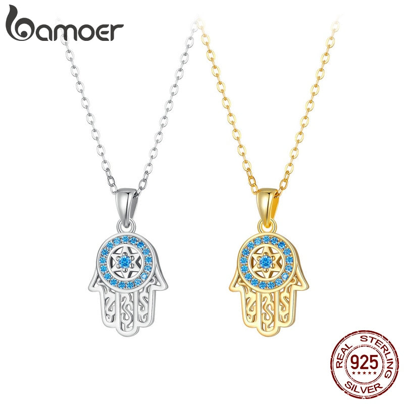 BAMOER Genuine 925 Sterling Silver Trendy Fatima&#39;s Guarding Hand Pendant Hamsa Lucky Necklaces for Women  Fine Jewelry Gift - Charlie Dolly