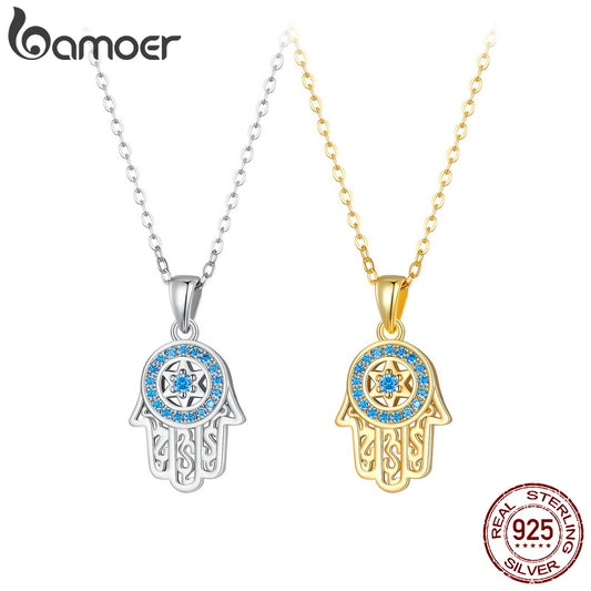 BAMOER Genuine 925 Sterling Silver Trendy Fatima&#39;s Guarding Hand Pendant Hamsa Lucky Necklaces for Women  Fine Jewelry Gift