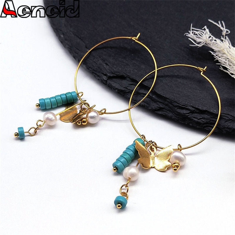 Boho Butterfly Pearl Tassel Hoop Earrings for Women Stainless Steel Blue Bead Dangle Earring Kpop Party Jewelry Gift