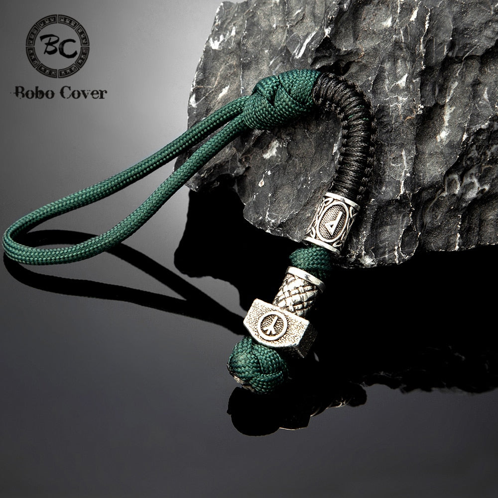 Norse Runes Beads Survival Rope Keychain Men&#39;s Lanyard Thor&#39;s Hammer Knife Pendant Keyring Car Key Accessories Handmade Jewelry