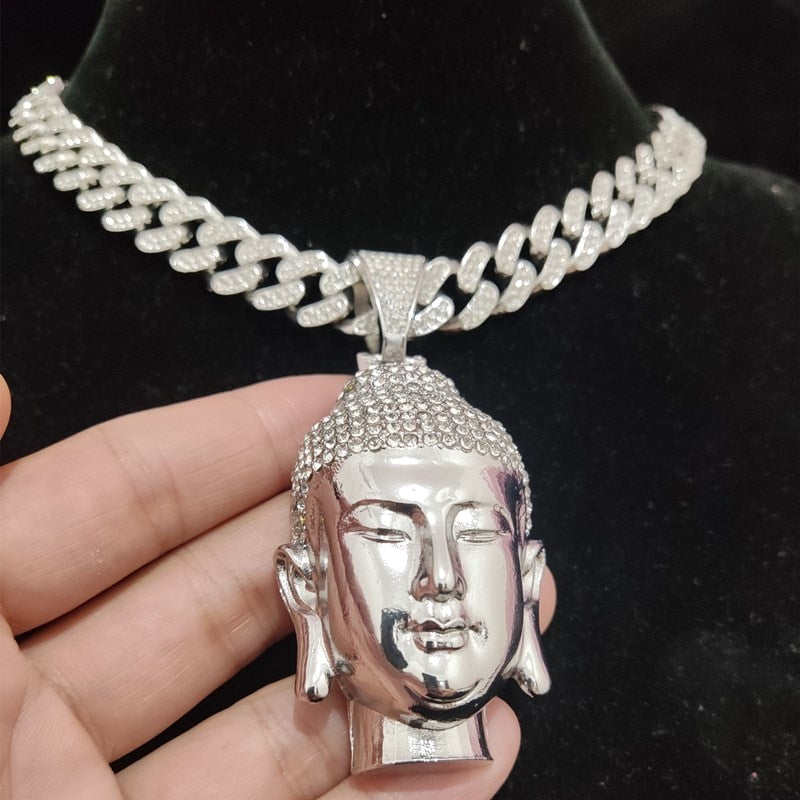 Men Women Hip Hop Buddha Pendant Necklace with 13mm Crystal Cuban Chain HipHop amulet Necklaces Fashion Charm Jewelry Best Gifts - Charlie Dolly