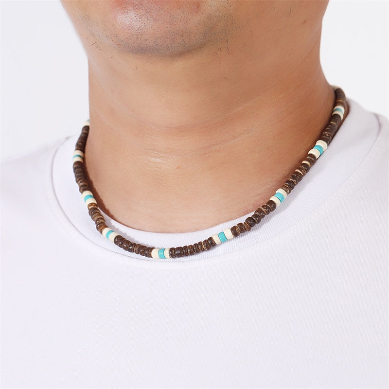 Vintage Rustic Men Blue Beaded Necklace Natural Coconut Shell Necklace for Men Tribal Jewelry Best Friend Gift - Charlie Dolly