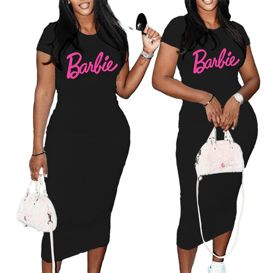 Sexy Barbie Printed Girls Dress Kawaii Fashion Women Slim Tight-Fitting Hip Long Skirt Casual Short Sleeve Sports Dresses Gifts - Charlie Dolly