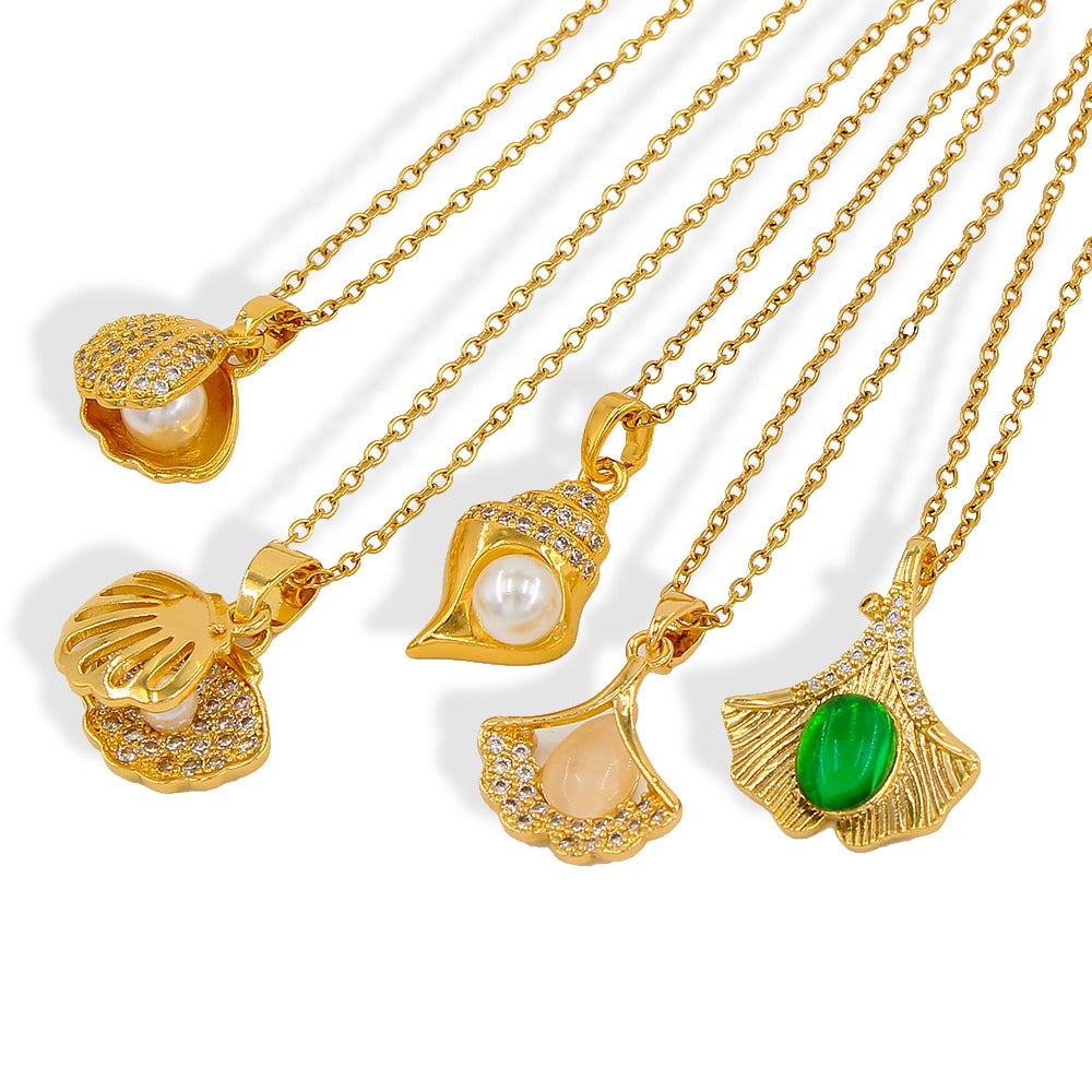 Pearl Stainless Steel Pendant Necklace Fashion Scallop Shell Conch Copper Pendant Shell Shape Women's Luxury Jewelry YS474 - Charlie Dolly