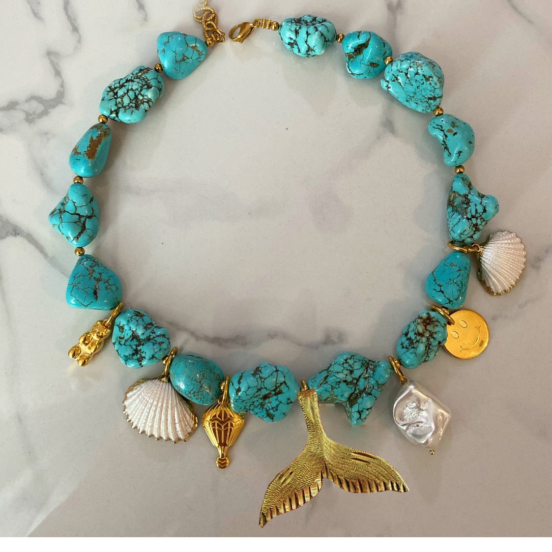 Handmade Geometric turquoise shell Irregular Natural Stone Necklace for Women Beaded Chain Chokers Wholesale Jewelry Bijoux - Charlie Dolly