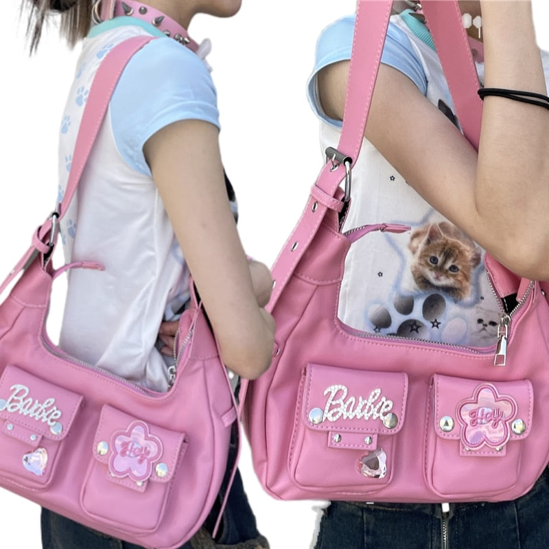 Fashion Y2K Barbie Messenger Bag Anime Kawaii All-Match Sweet Pink Pu Shoulder Bags Girls High Capacity Pouch Birthday Gifts Toy