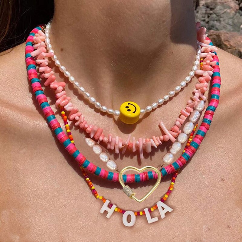 Goth freshwater pearl necklace women yellow smile beads coral Vintage Multi Layer Link Chain Necklace Punk Aesthetic Jewelry - Charlie Dolly