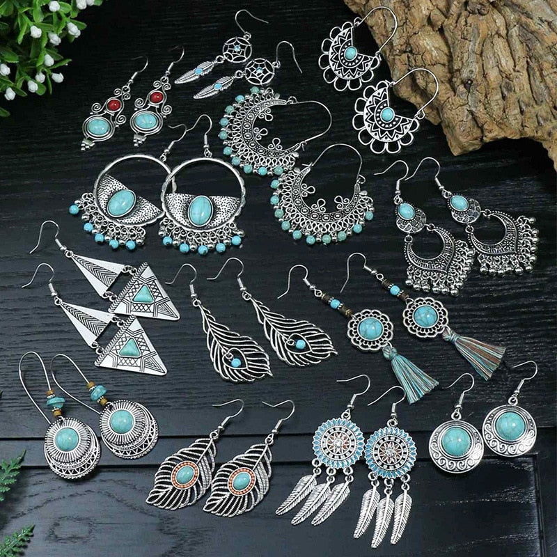 53 Styles Bohemian Vintage Tibetan Silver Geometric Drop Earrings For Women Ethnic Blue Stone Tassel Dangle Earrings Jewelry - Charlie Dolly