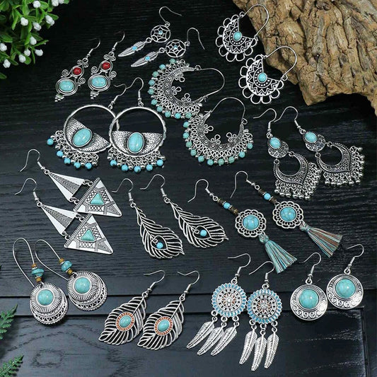 53 Styles Bohemian Vintage Tibetan Silver Geometric Drop Earrings For Women Ethnic Blue Stone Tassel Dangle Earrings Jewelry - Charlie Dolly