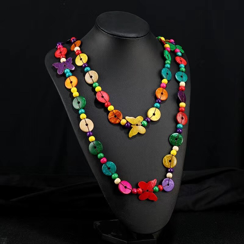 Bohemian Necklace for Women Personalized Exaggerated Ethnic Color Coconut Shell Wooden Necklace Girls Vacation Party Trendy Gift