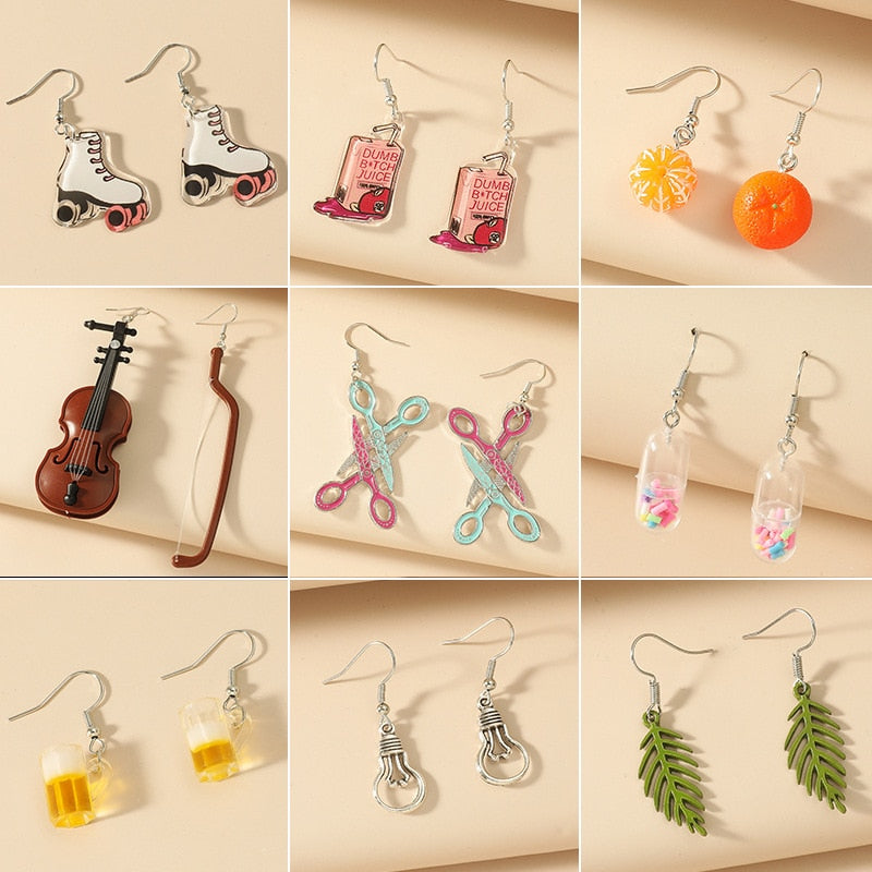 Creative Funny Violin Pendant Earrings For Women Cute DIY Handmade Leaf Fruit Scissors Acrylic Eardrop Party Jewelry Gift 2021 - Charlie Dolly