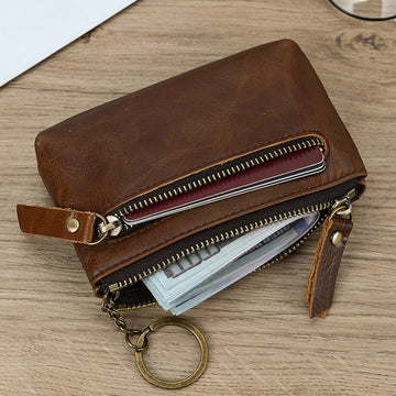 Little Coin Purse Genuine Leather Real Cowhide Men&#39;s Leather Short Wallet Mini Purse Men Women Key Wallet Card Zip With Key Ring - Charlie Dolly