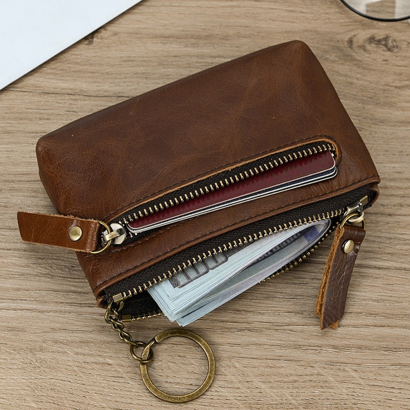 Little Coin Purse Genuine Leather Real Cowhide Men's Leather Short Wallet Mini Purse Men Women Key Wallet Card Zip With Key Ring - Charlie Dolly