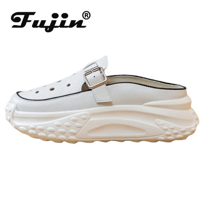 Fujin 6cm Cow Genuine Leather Platform Wedge Casual Chunky Sneaker Women Summer Hollow Female Women Mules Shoes Sandals Slippers
