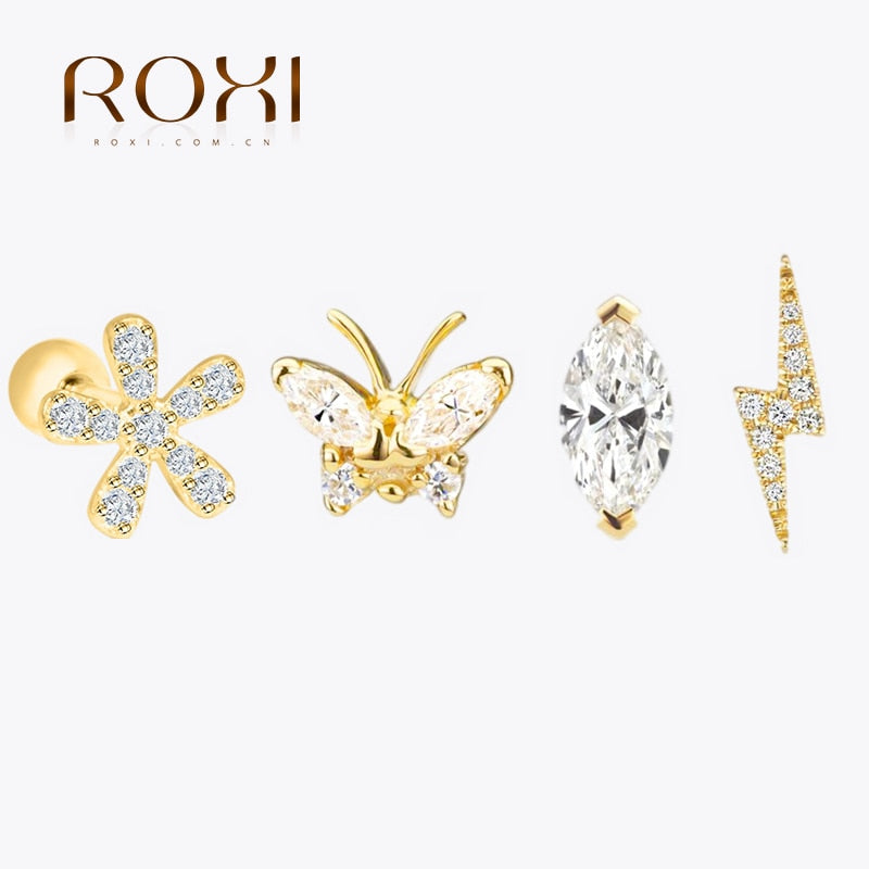 ROXI Flower Lightning Butterfly Cross Symbol Crown Eye Stud Earrings for Women Piercing Earrings Silver 925 Jewelry Pendientes