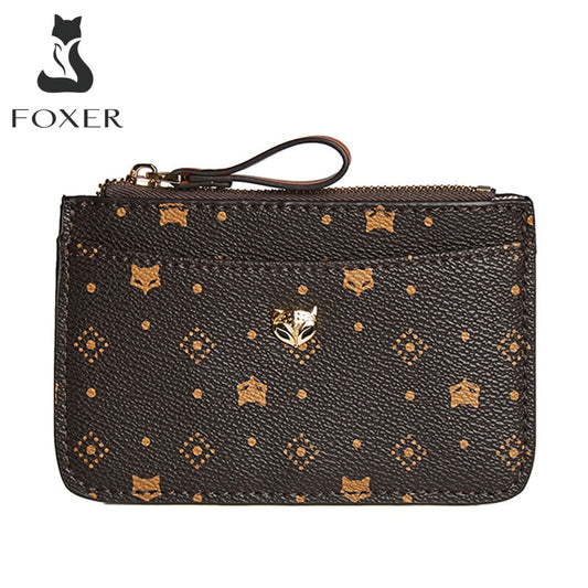 FOXER PVC Leather Card Holder Women Zipper Coin Packet Lady Key Bag Small Bus ID Card Wallet Light Thin Clutch Bag Fashion Purse