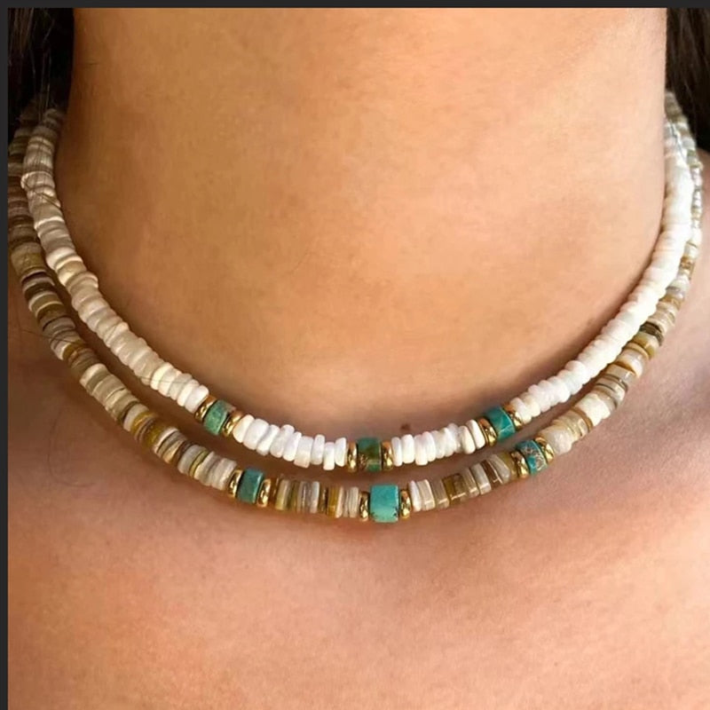 Retro Classic Natural Shell Blue Turquoise Mix and Match Necklace 2022 Summer Trendy Simple Beach Travel Vacation Neck Accessory - Charlie Dolly