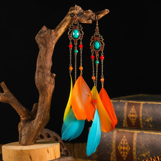 Fashion Earrings Bohemian Ethnic Style Leaf Earrings Jewelry Retro Long Tassel Colorful Feather Earrings Jewelry Gift - Charlie Dolly