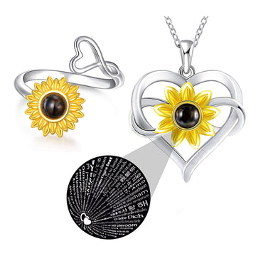 Rose Valley Sunflower Pendant Necklace for Women Letter Rings Fashion Jewelry Set One Hundred Language &quot;I Love You&quot; Girls Gifts - Charlie Dolly