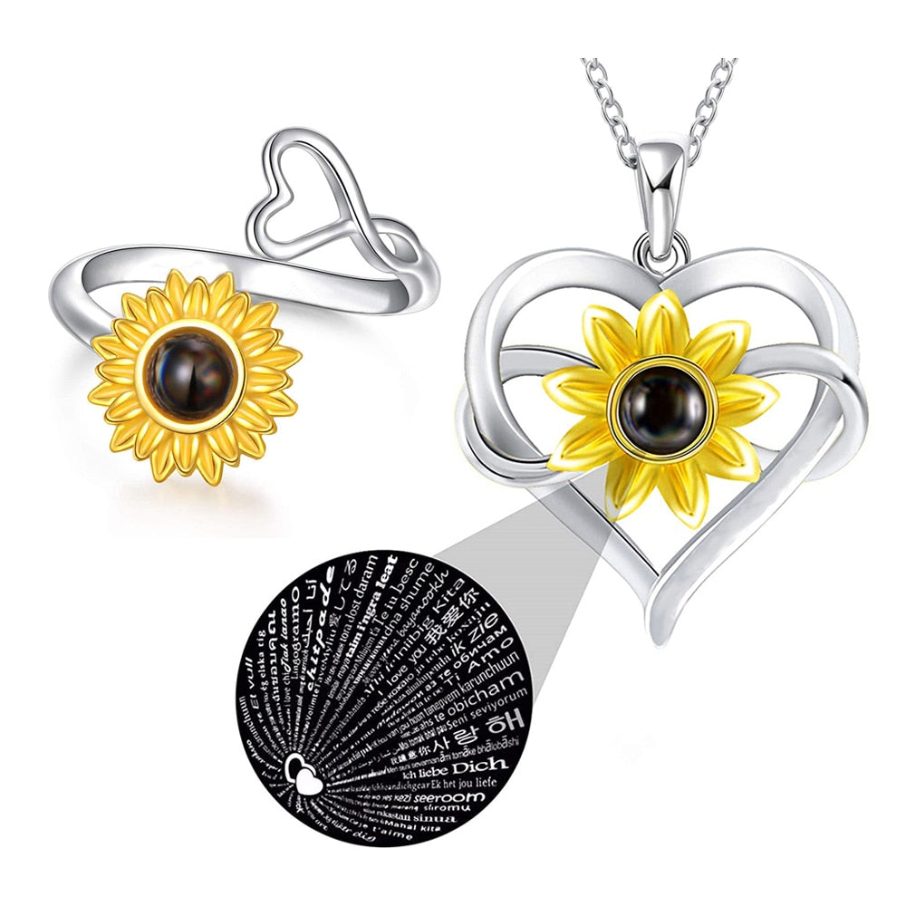 Rose Valley Sunflower Pendant Necklace for Women Letter Rings Fashion Jewelry Set One Hundred Language "I Love You" Girls Gifts - Charlie Dolly