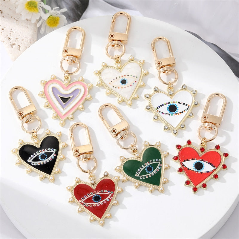 Rainbow Pearl Heart Evil Eye Couple Keychain For Friend Lovers Gift Blue Eye Bag Car Airpods Box Keyring Valentine's Day Jewelry - Charlie Dolly