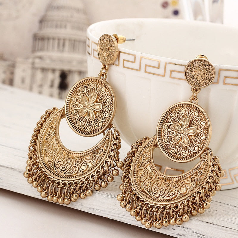 Indian Earrings Jhumka For Women Antique Gold Silver Plated Flower Statement Vintage Ethnic Beads Tassel Earrings Jewelry - Charlie Dolly