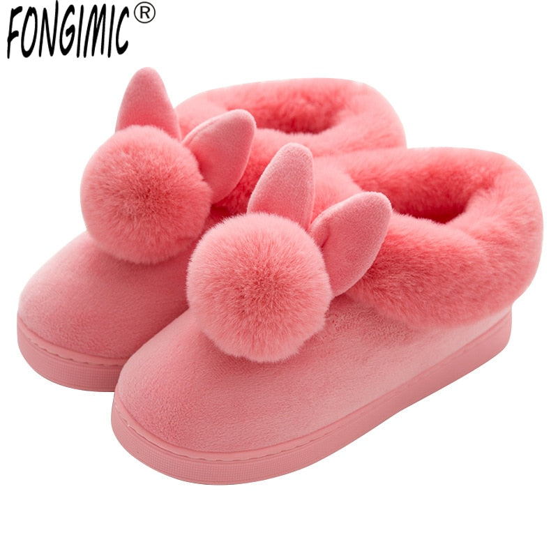 FONGIMIC Women Winter Slippers Warm Cute Cotton Slippers Ladies Autumn Velvet Home Floor Thick Bottom Cartoon House Rabbit Shoes