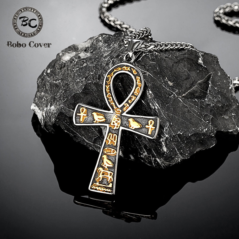 Vintage Ancient Egyptian Ankh Cross Necklaces For Men Women Stainless Steel Cuneiform Characters Pendant Unisex Amulet Jewelry - Charlie Dolly