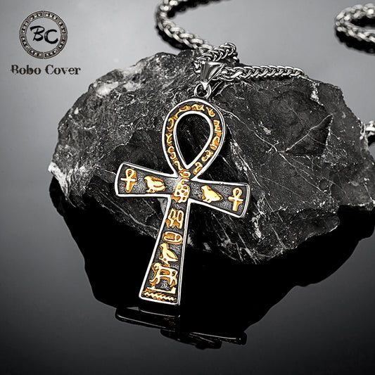 Vintage Ancient Egyptian Ankh Cross Necklaces For Men Women Stainless Steel Cuneiform Characters Pendant Unisex Amulet Jewelry