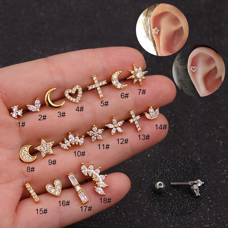 1Piece Heart Piercing Stud Earrings for Women Earrings 2022 Jewelry Stainless Steel Moon Star Flower Earring for Mother Day