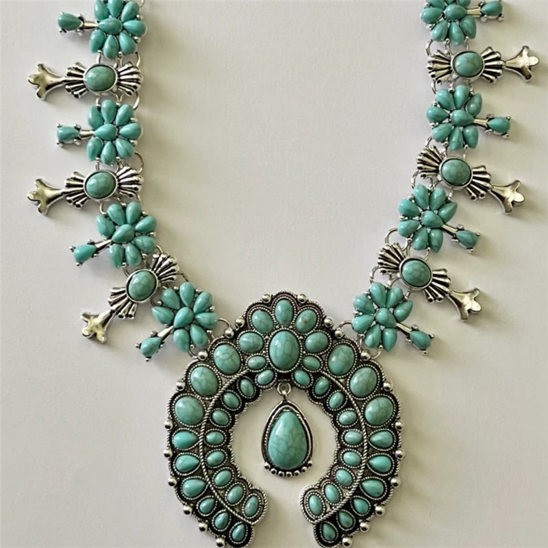 Squash Blossom Turquoise Bib Necklace Southwestern Jewelry Boho Envious Green Howlite Stone Tribal Statement Necklace Cowgirl - Charlie Dolly