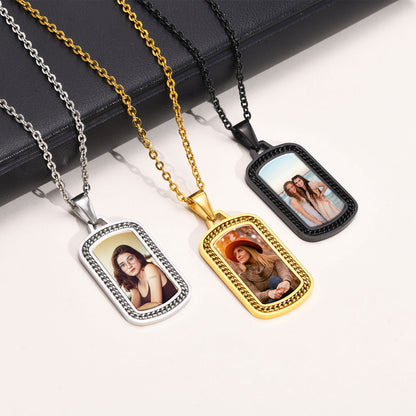Men Personalize Engrave Name Square Customizable Photo of Family Necklaces, Picture Words Date Pendant,Keepsake Gifts Collar