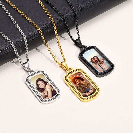 Men Personalize Engrave Name Square Customizable Photo of Family Necklaces, Picture Words Date Pendant,Keepsake Gifts Collar - Charlie Dolly