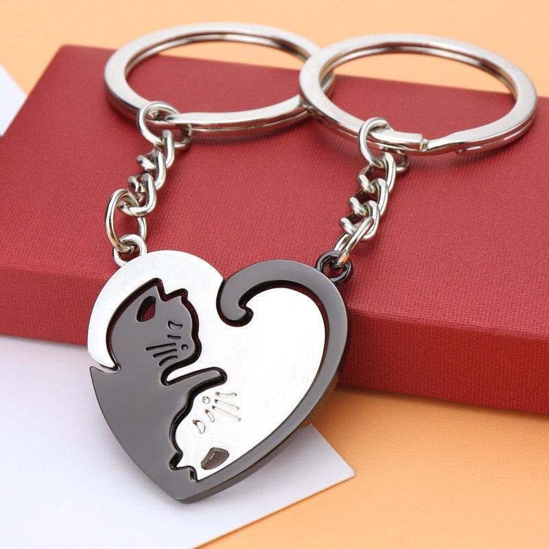 2pcs Cute Black Cat Keychain Patchwork Heart Round Couple Lovers Keyring Stainless Steel Backpack Car Key Ring Hanging Jewelry - Charlie Dolly